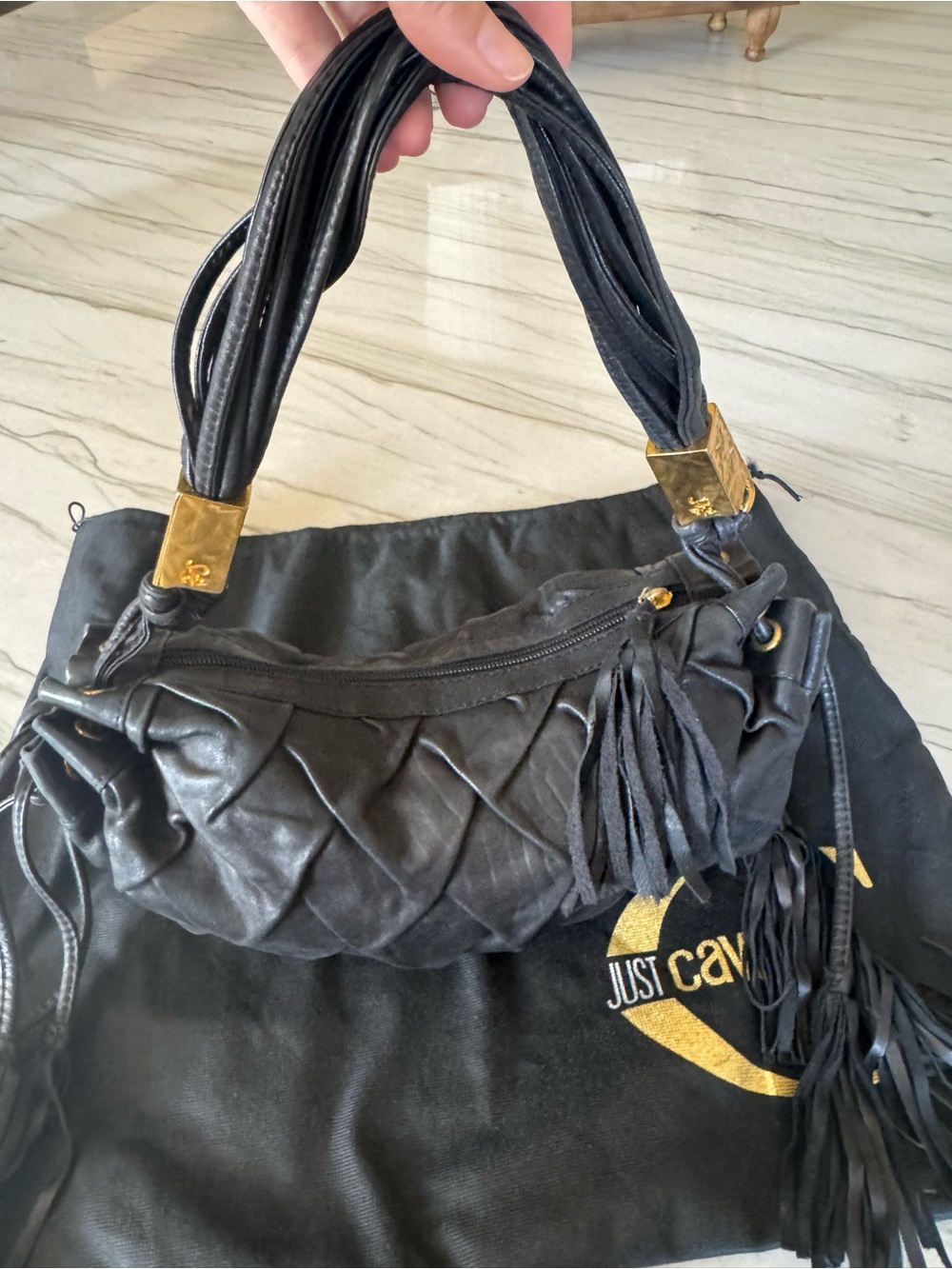 Roberto Cavalli Black Quilted Leather Shoulder Bag with Gold Accents